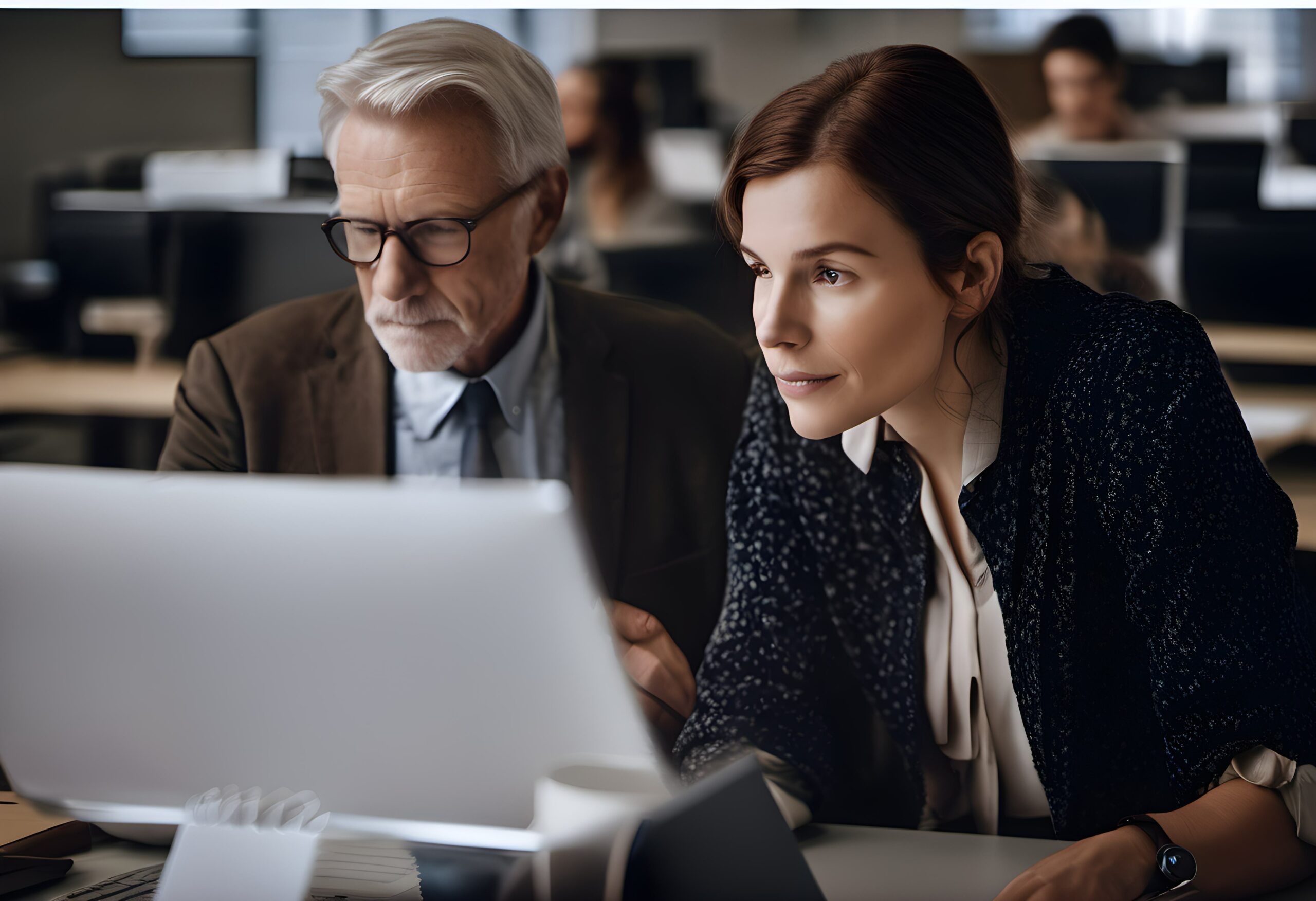 Ein erfahrener älterer Mann und eine junge Frau arbeiten konzentriert vor einem Computer, symbolisierend die Zusammenarbeit von Erfahrung und Innovation in Unternehmen.